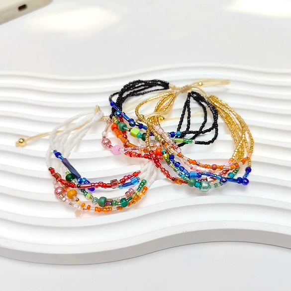 Women's Handwoven Glass And Glaze Beaded Multilayer Bracelet With Geometric Style