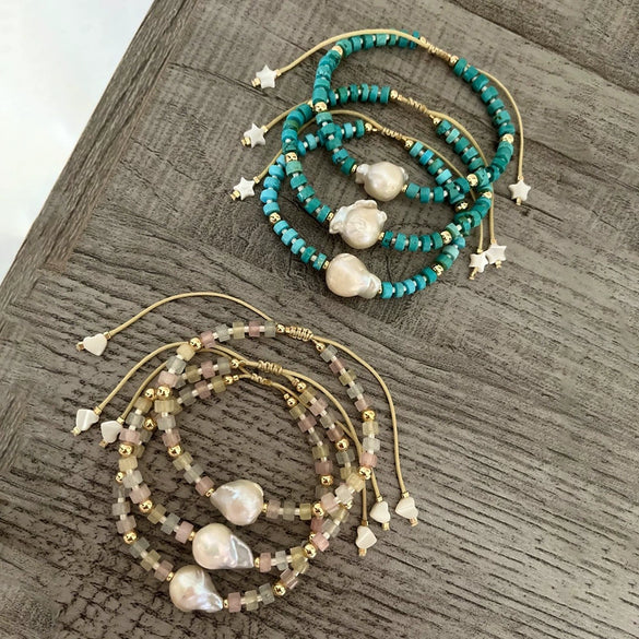 Women's Handwoven Turquoise Geometric Natural Pearl Bracelet