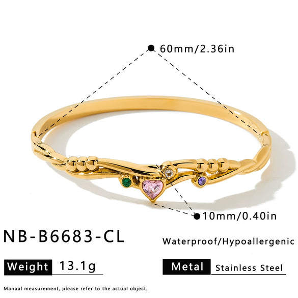 Women's Heart Pattern Stainless Steel Bracelet With Zircon Inlay And Gold Plated Finish