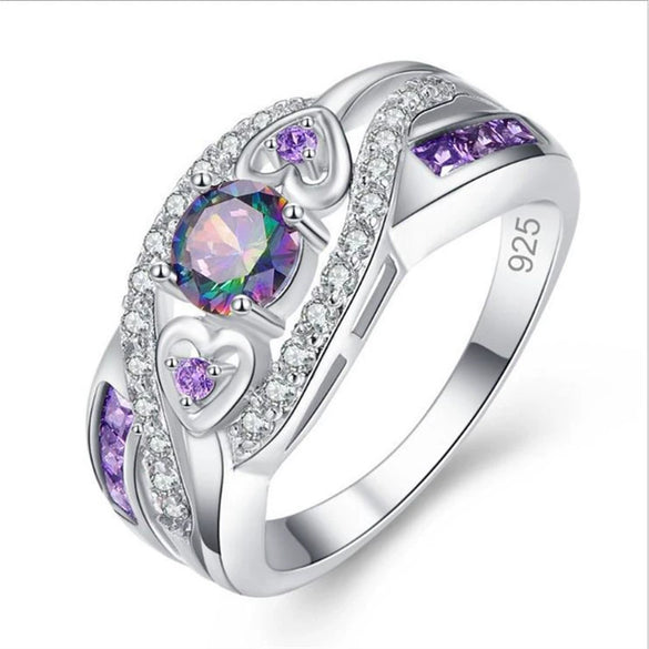 Women's Heart Shaped Amethyst Color Opal Alloy Ring With Electroplated Geometric Design Simple Fashion Jewelry