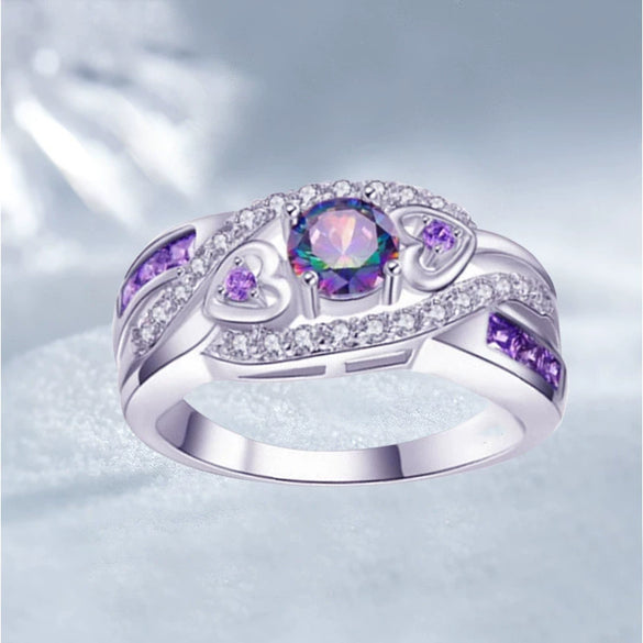 Women's Heart Shaped Amethyst Color Opal Alloy Ring With Electroplated Geometric Design Simple Fashion Jewelry