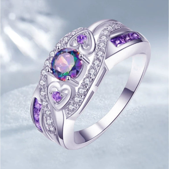 Women's Heart Shaped Amethyst Color Opal Alloy Ring With Electroplated Geometric Design Simple Fashion Jewelry