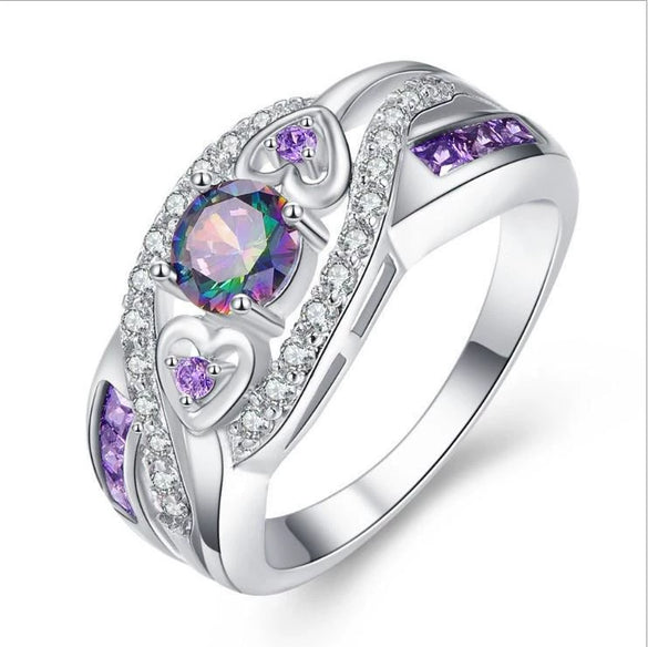 Women's Heart Shaped Amethyst Color Opal Alloy Ring With Electroplated Geometric Design Simple Fashion Jewelry