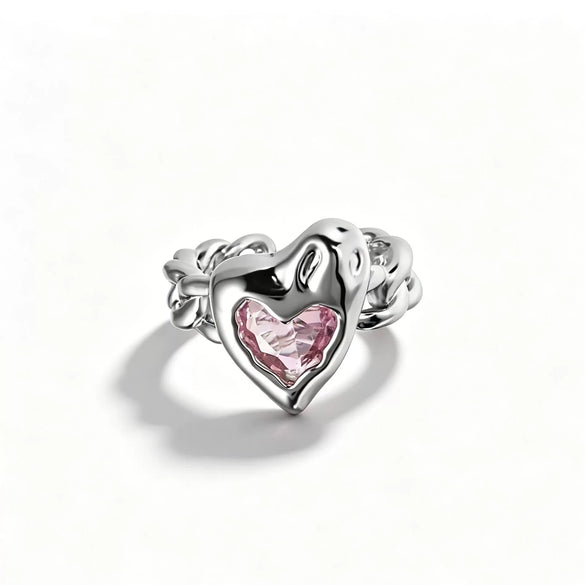 Women's Heart Shaped Copper Open Ring With Pink Zircon Inlay Electroplated Niche Style Gemstone Ring Sweet And Cool Unique Design