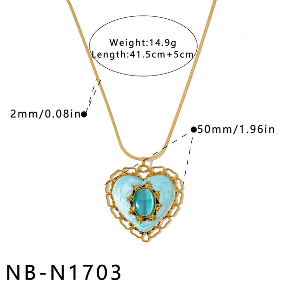 Women's Heart Shaped Geometric Stainless Steel Necklace With Cat Eye Stone Oil Drop Detail And 18K Gold Vacuum Plated Finish