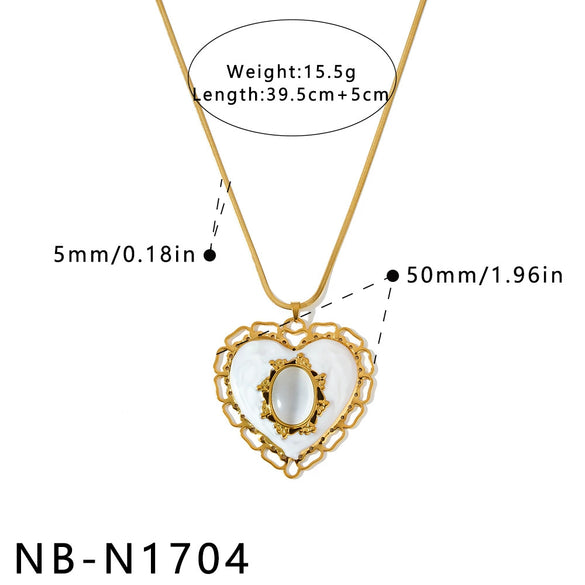 Women's Heart Shaped Geometric Stainless Steel Necklace With Cat Eye Stone Oil Drop Detail And 18K Gold Vacuum Plated Finish