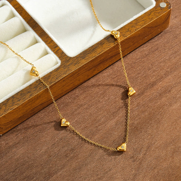 Women's Heart Shaped Geometric Stainless Steel Necklace With Rhinestone Accent And 18K Vacuum Plated Regular Chain