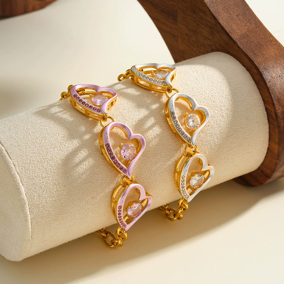Women’s Heart Shaped Hollow Out Stainless Steel Bracelet With Zircon Rhinestones 18K Vacuum Plated Non Fading Jewelry