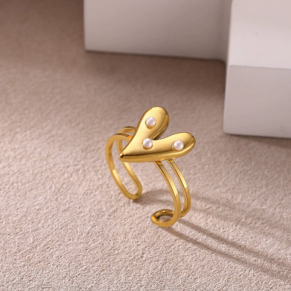 Women's Heart Shaped Pearl Stainless Steel Open Ring With Gold Plated Finish Adjustable Minimalist Retro Jewelry