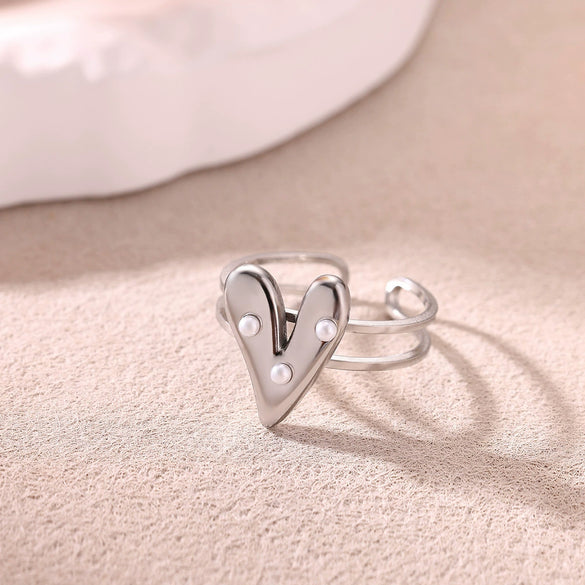Women's Heart Shaped Pearl Stainless Steel Open Ring With Gold Plated Finish Adjustable Minimalist Retro Jewelry