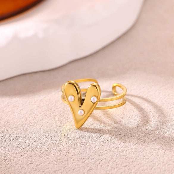 Women's Heart Shaped Pearl Stainless Steel Open Ring With Gold Plated Finish Adjustable Minimalist Retro Jewelry