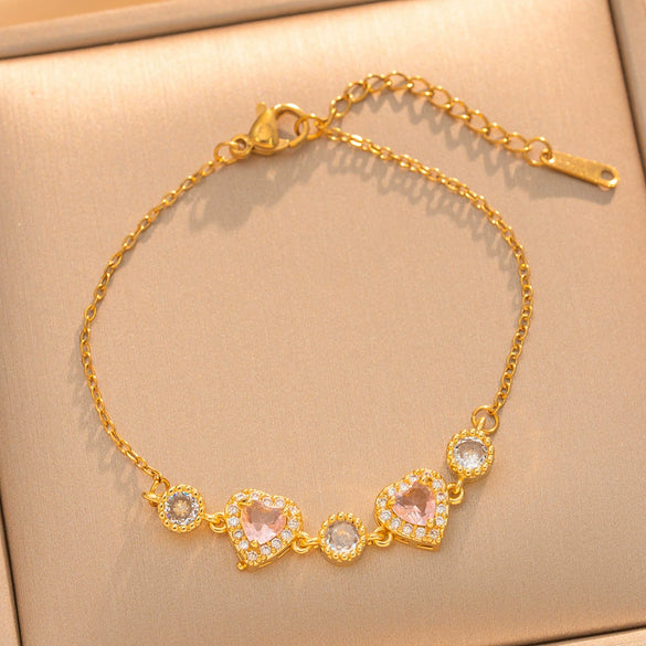 Women's Heart Shaped Real Gold Plated Titanium Steel Bracelet With Love Pattern And Diamond Accented Look