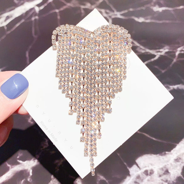 Women's Heart Shaped Rhinestone Tassel Brooch Electroplated Exaggerated Corsage Clothing Accessory Decorative Jewelry