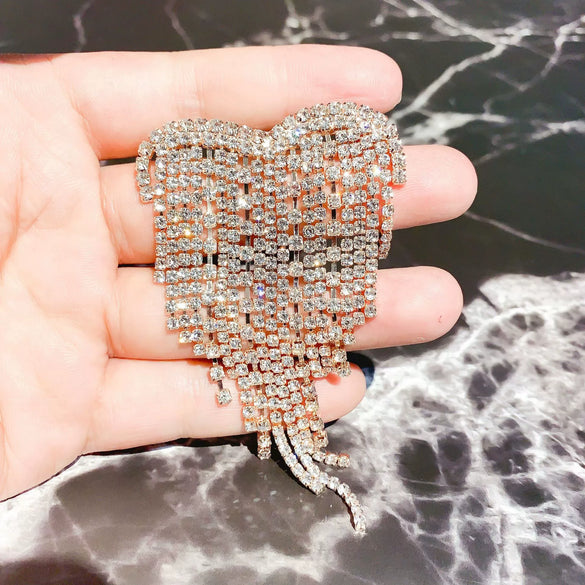 Women's Heart Shaped Rhinestone Tassel Brooch Electroplated Exaggerated Corsage Clothing Accessory Decorative Jewelry