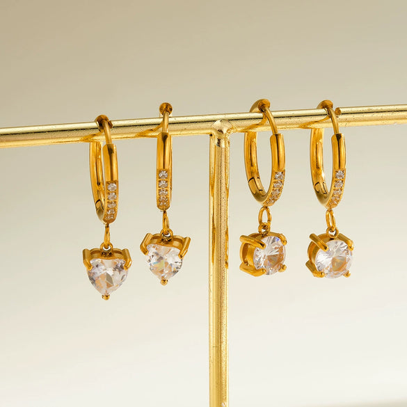 Women's Heart Shaped Stainless Steel Earrings With Zircon Rhinestone Design And 18K Gold Vacuum Plated Finish