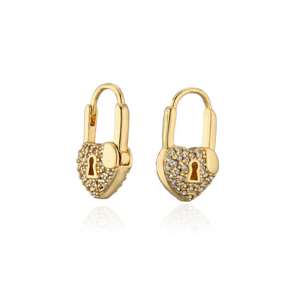 Women's Heartshaped Lock Earrings Brass Microinlaid Zircon Real Gold Plated Colorpreserving
