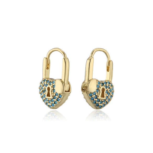 Women's Heartshaped Lock Earrings Brass Microinlaid Zircon Real Gold Plated Colorpreserving