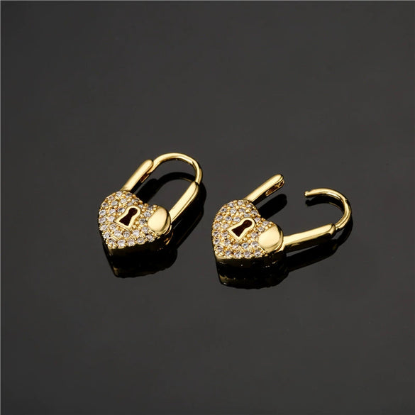 Women's Heartshaped Lock Earrings Brass Microinlaid Zircon Real Gold Plated Colorpreserving