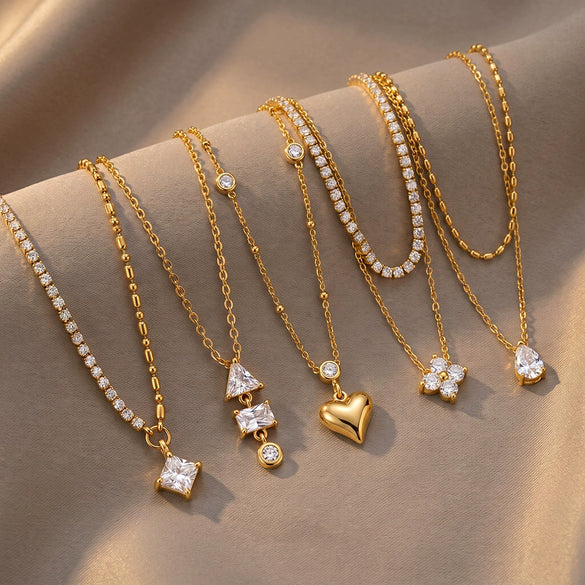 Women's Heartshaped Teardrop Stainless Steel Necklace With 18K Gold Plating And Cubic Zirconia