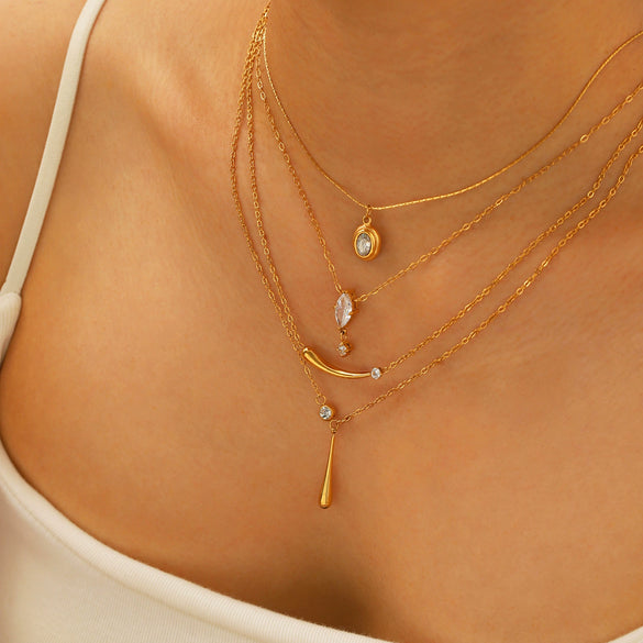 Women's Heartshaped Water Drop Pendant Necklace With Zircon And Pearl Stainless Steel Geometric Electroplated Jewelry