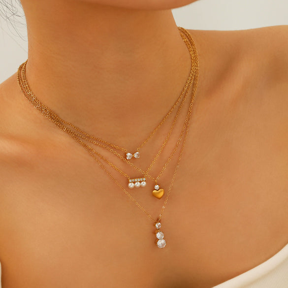 Women's Heartshaped Water Drop Pendant Necklace With Zircon And Pearl Stainless Steel Geometric Electroplated Jewelry