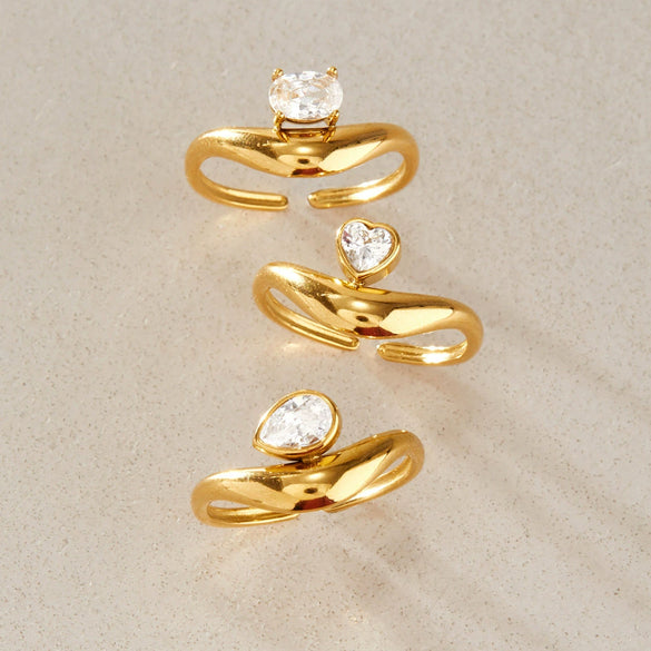 Women's Heartshaped Zirconia Stainless Steel Ring Set With Vacuum Pvd Gold Plating And Geometric Design