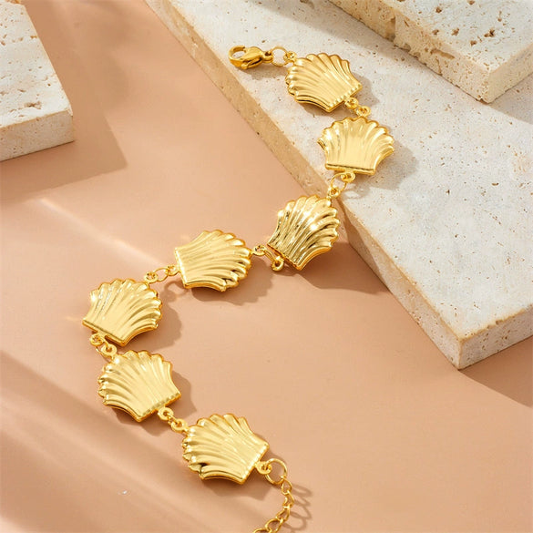 Women's High End Stainless Steel 18K Gold Plated Cuban Chain Bracelet With Geometric Pattern And Scallop Design Electroplated