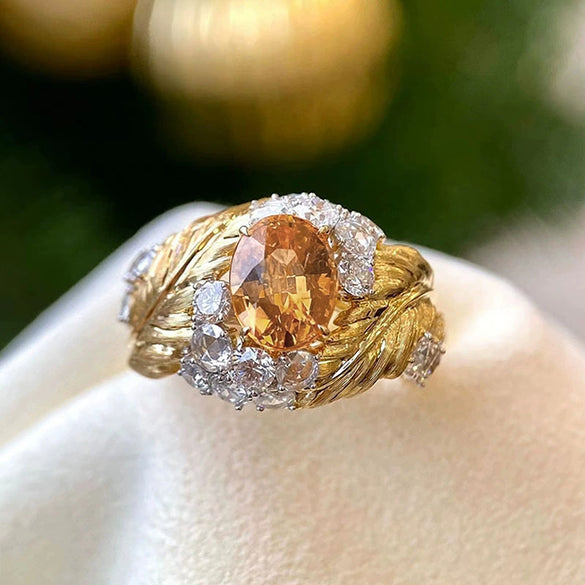 Women's Highend Geometric Relief Feather Copper Ring Inlaid With Yellow Zircon