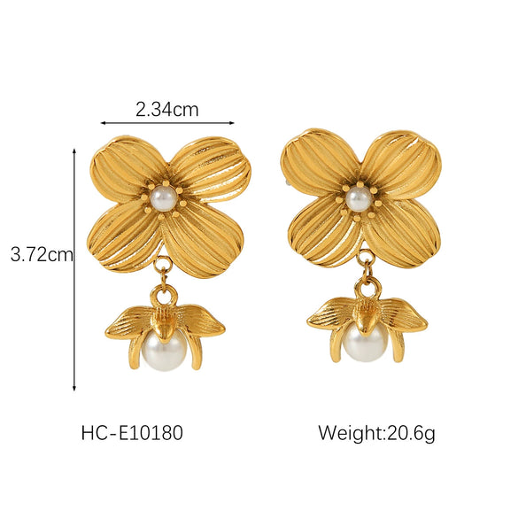 Women's Highend Pearl Stainless Steel Geometric Flower Earrings With Electroplating