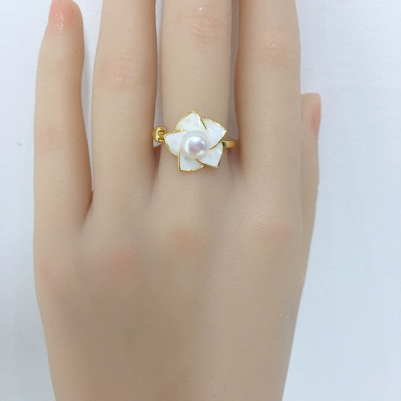 Women's Highgloss Natural Freshwater Pearl Ring Copper 18K Goldfilled Broken Shell Rotating Windmill Open Round