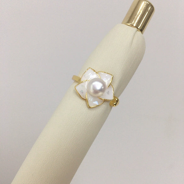 Women's Highgloss Natural Freshwater Pearl Ring Copper 18K Goldfilled Broken Shell Rotating Windmill Open Round
