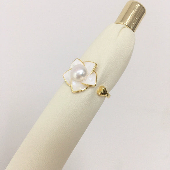 Women's Highgloss Natural Freshwater Pearl Ring Copper 18K Goldfilled Broken Shell Rotating Windmill Open Round