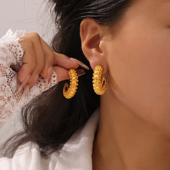 Women's Hiphop Geometric 316L Stainless Steel Goldplated Cshaped Bead Stitching Multilayer Earrings