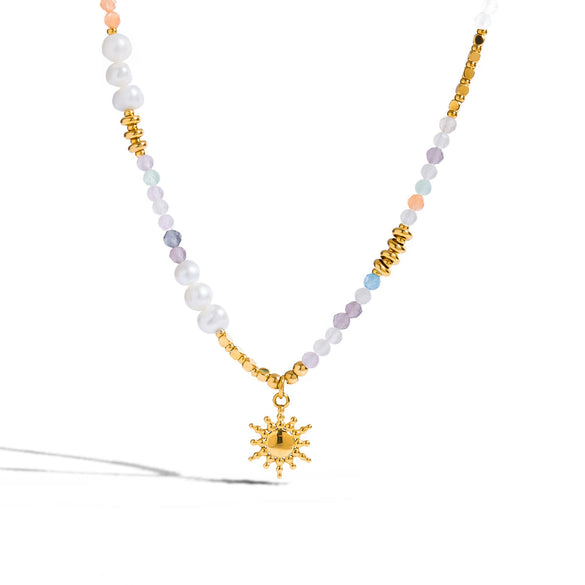 Women's Holiday Style Freshwater Pearl And Colorful Natural Stone Sun Pendant Necklace Stainless Steel Beaded Jewelry Electroplated O Chain