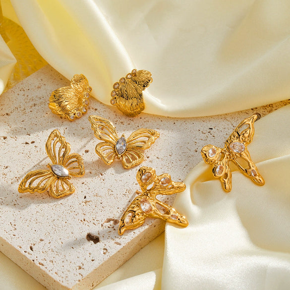Women's Hollow Butterfly Geometric Stainless Steel Earrings With 18K Vacuum Plating And Zircon Rhinestone Accents