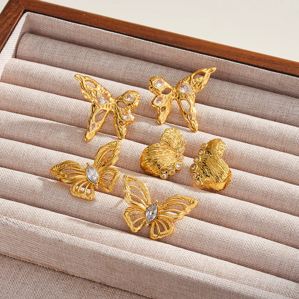 Women's Hollow Butterfly Geometric Stainless Steel Earrings With 18K Vacuum Plating And Zircon Rhinestone Accents