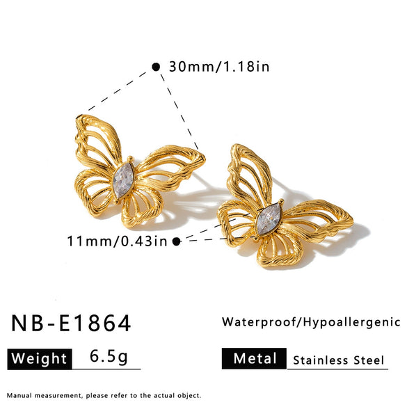 Women's Hollow Butterfly Geometric Stainless Steel Earrings With 18K Vacuum Plating And Zircon Rhinestone Accents