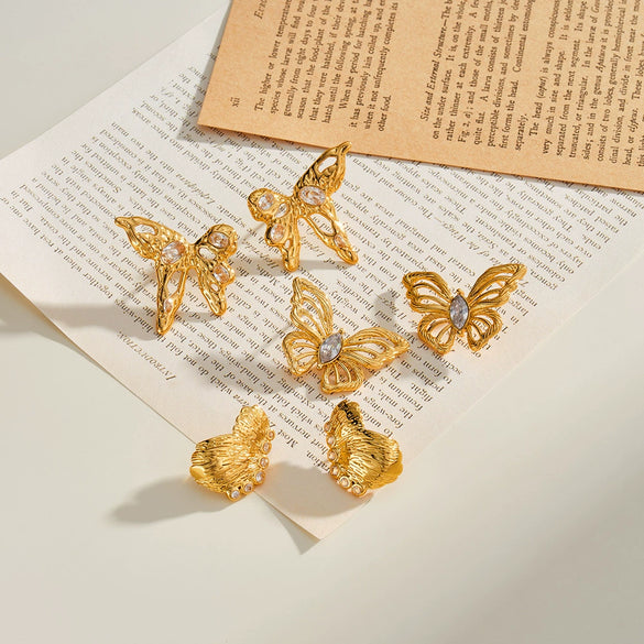 Women's Hollow Butterfly Geometric Stainless Steel Earrings With 18K Vacuum Plating And Zircon Rhinestone Accents
