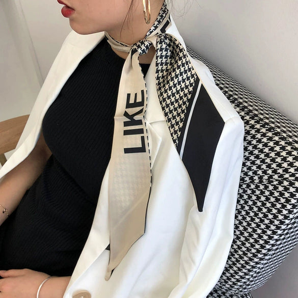 Women's Houndstooth Simulation Silk Long Rectangle Ribbon Scarf Thin Narrow Decorative Hair Band Small Scarf For Four Seasons