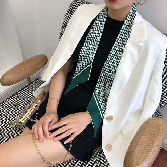 Women's Houndstooth Simulation Silk Long Rectangle Ribbon Scarf Thin Narrow Decorative Hair Band Small Scarf For Four Seasons