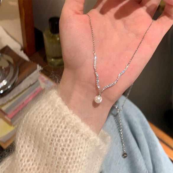 Women's Imitation Pearl And Zircon Cold Style Geometric Light Luxury Clavicle Chain Necklace Jewelry Accessories