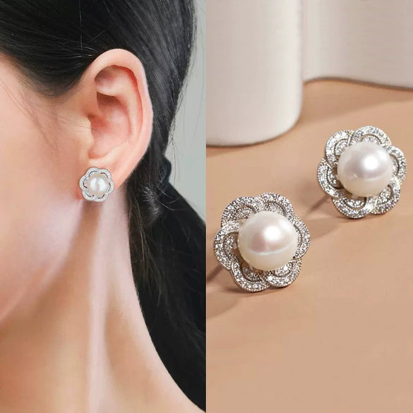 Women's Imitation Pearl Earrings Copper Material With Flower And Geometric Patterns And Zircon Treatment