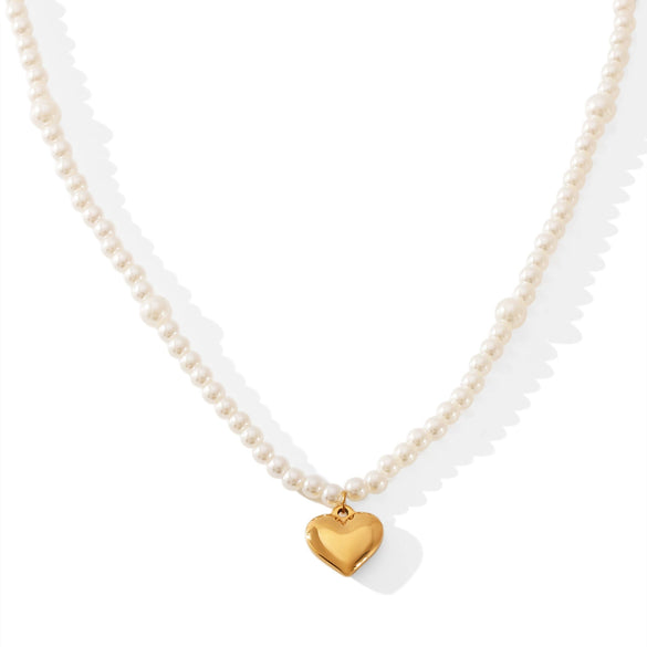 Women's Imitation Pearl Heart Pendant Necklace With Geometric Design And Electroplating