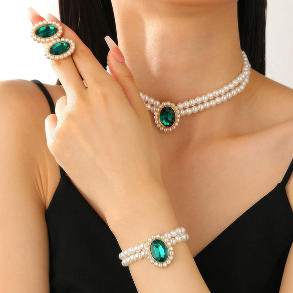 Women's Imitation Pearl Jewelry Threepiece Set With Heart Water Drop Bell Patterns And Alloy Pendants Set With Diamonds