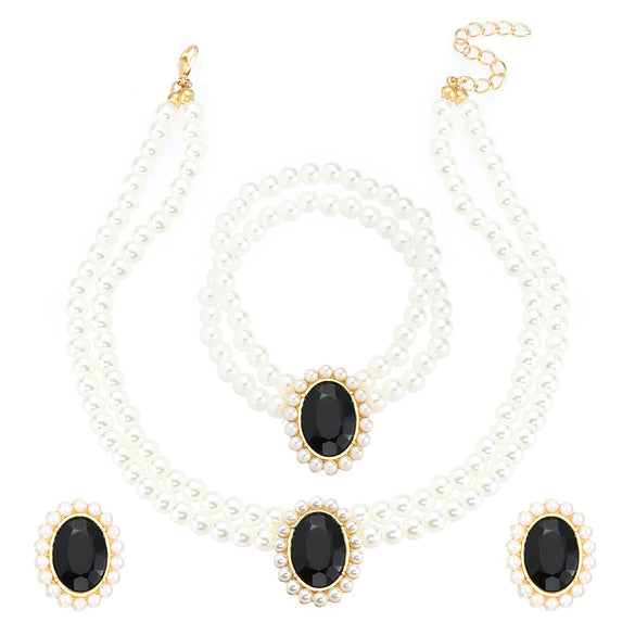 Women's Imitation Pearl Jewelry Threepiece Set With Heart Water Drop Bell Patterns And Alloy Pendants Set With Diamonds