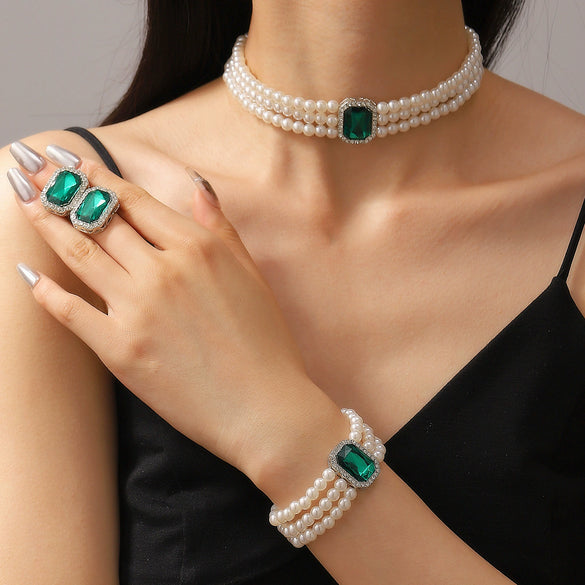 Women's Imitation Pearl Jewelry Threepiece Set With Heart Water Drop Bell Patterns And Alloy Pendants Set With Diamonds
