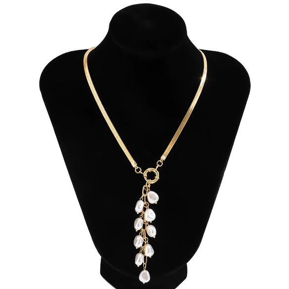 Women's Imitation Pearl Tassel Geometric Snake Bone Chain Necklace Metal Electroplated