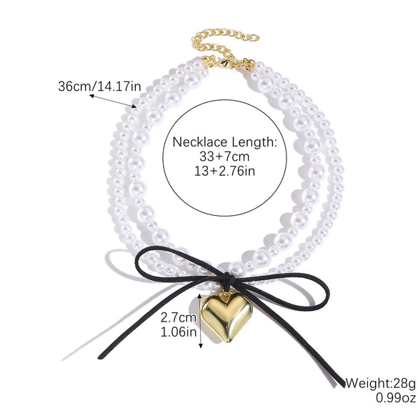 Women's Imitation Pearls And Organic Glass Heart And Bow Shaped Pendant Necklace With Electroplating