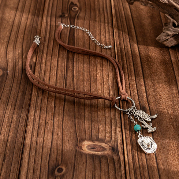 Women's Imitation Turquoise Ring Necklace Bohemian Style Clavicle Chain Alloy Pendant Geometric Pattern Electroplating