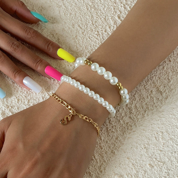 Women's Ins Style Imitation Pearl Beaded Geometric Curved Tube Metal Bracelet With Electroplating